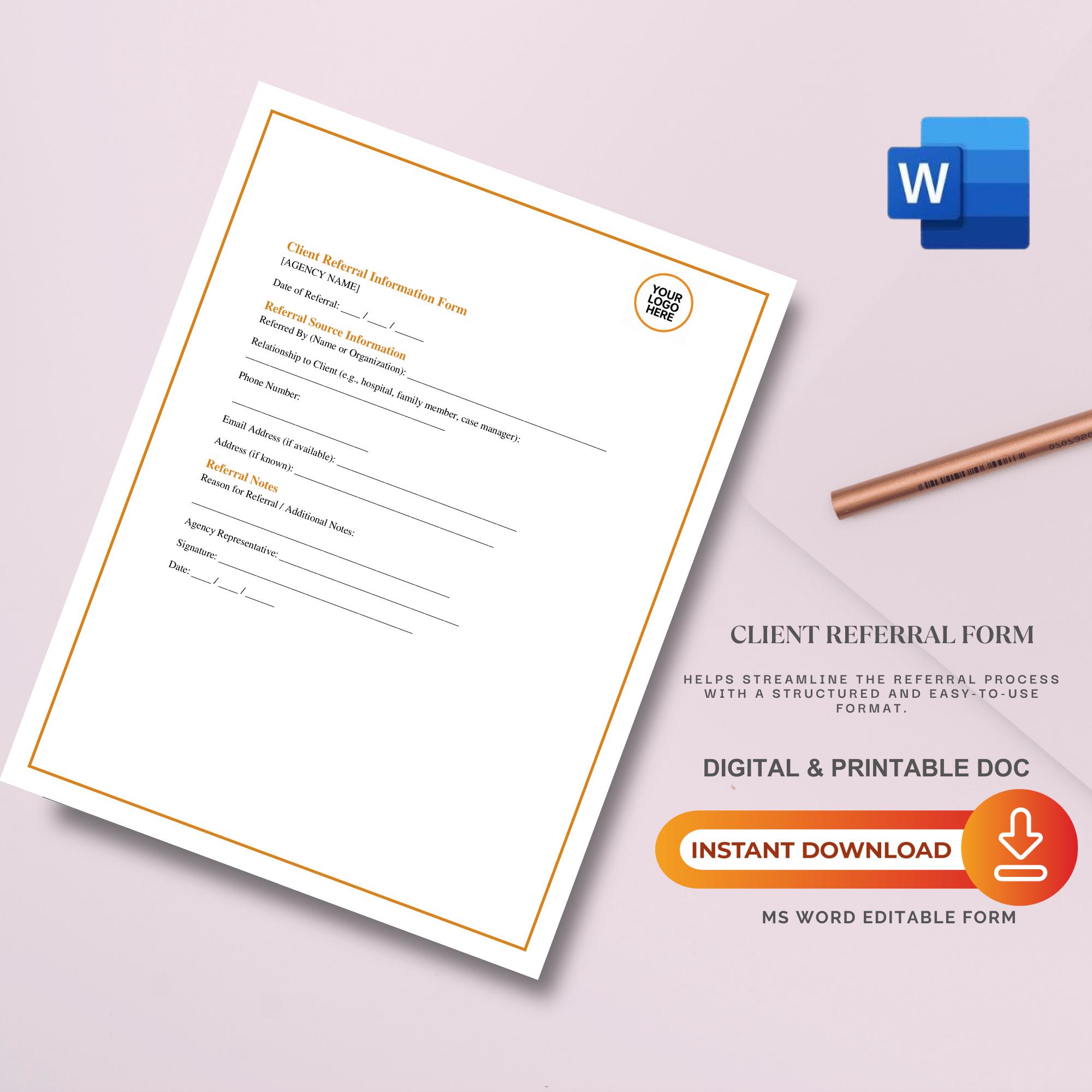 Client Referral Form Template, Editable Word Document, Business Intake ...