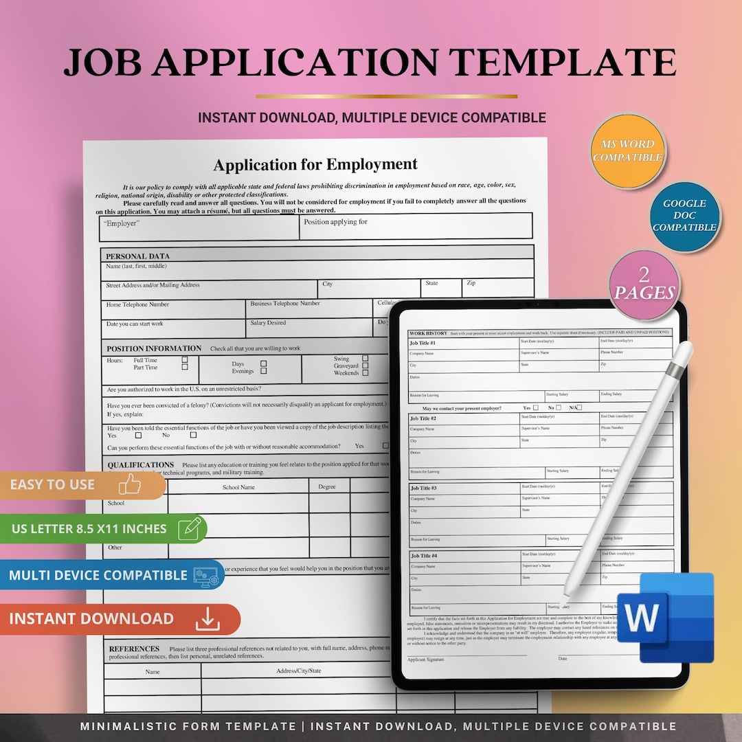 Job Application Template Word Editable DOC Employment Form Hiring ...