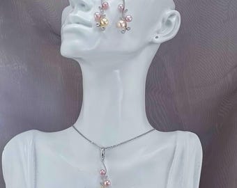 Handmade Drop Earrings & Pendant Necklace Set - Pearl Jewelry with Gemstone Accents