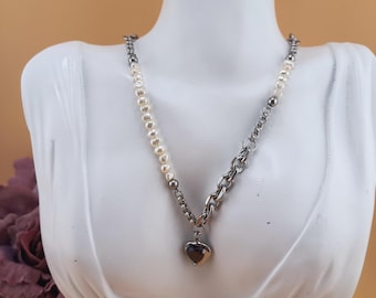 Pearl & Chain Necklace with Black Onyx Pendant – Asymmetrical Statement Jewelry