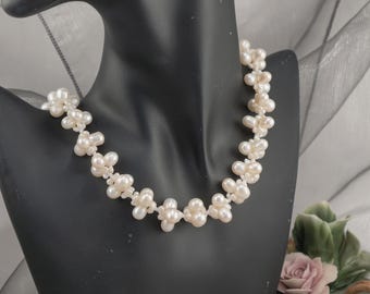 Elegant Pearl Cluster Necklace with Silver Clasp - Timeless Heart Design