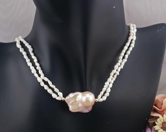 Double Strand Baroque Pearl Necklace - Irregular Freshwater Pearls with Gold Accents, Handmade Statement Jewelry