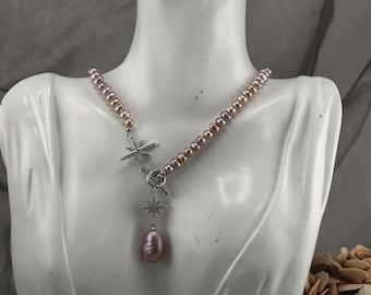 Lavender Pearl Necklace with Star Pendant & Teardrop Drop