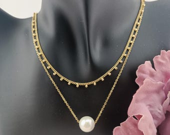 Layered Gold Necklace with Pearl Pendant – Dainty Beaded Chain, Minimalist Jewelry for Everyday Elegance