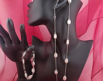 Button Pearl Necklace & Bracelet Set - Convertible Layered Jewelry in Silver Link Design