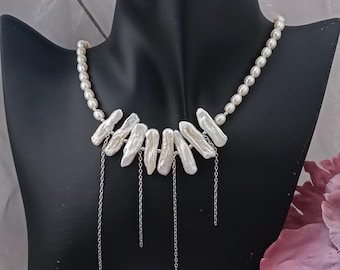 Baroque Pearl Drop Necklace - Handmade Statement Jewelry with Silver Chains, Elegant Gift for Her