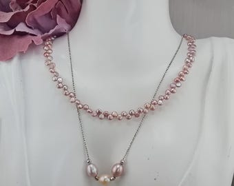 Pearl Duo Necklace Set - Blush Lavender Pearl Strand & Trio Drop Pendant in Silver, gift for her