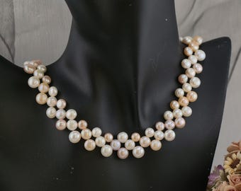 Double-Strand Gradient Pearl Necklace – White, Cream & Peach Tones