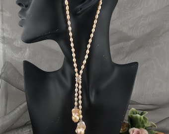Convertible Champagne Pearl Long Necklace - with Baroque Pearl Pendant Drops