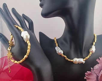 Pearl Jewelry Set Handmade Necklace & Bracelet with Textured Gold Beads, Irregular Baroque Pearls