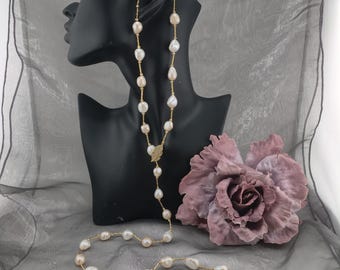 Long Pearl Necklace with Leaf Charm - White & Cream Elegance