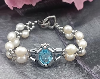 Double-Strand Pearl Bracelet with Blue Topaz Pendant - Handmade Romantic Jewelry gift for her