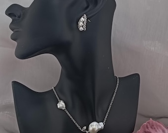 Baroque Pearl Pendant Necklace & Crown Pearl Earrings Set - Handmade Silver Jewelry for Elegant Gifting