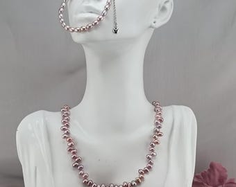 Freshwater Pearl Jewelry Set - Handmade Necklace & Bracelet with Sterling Silver Clasp