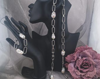 Freshwater Baroque Pearl Necklace – Silver Chain Link, Handmade Jewelry