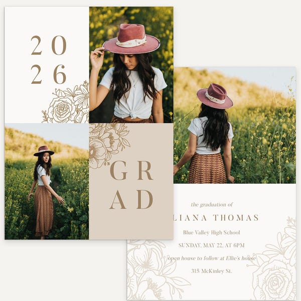 Floral Graduation Template - Senior Party Invite With Flower Details - Blossoming Card B (Photoshop, Canva)