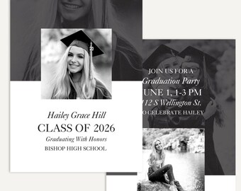 Black & White Graduation Template, Modern Senior Card Announcement (Photoshop, Canva) - New Heights A