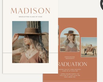 Western Graduation Invitation, Southwest Style Senior Announcement, Grad Card Template for Canva - Mirage A