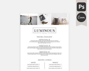 Prijslijst fotografie - prijssjabloon - Canva-prijslijstsjabloon - Photoshop-prijslijst - Photoshop-sjabloon, Canva-sjabloon - lichtgevend