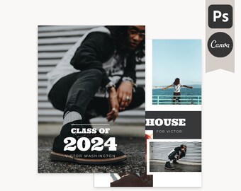 Guys Graduation Template - 2024 Senior Card Announcement - Schooled Card B - Photoshop Template - Canva Template