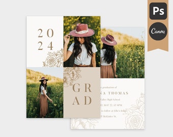 2024 Graduation Announcement Template - Senior Card Floral - Photoshop Template, Canva Template - Blossoming B