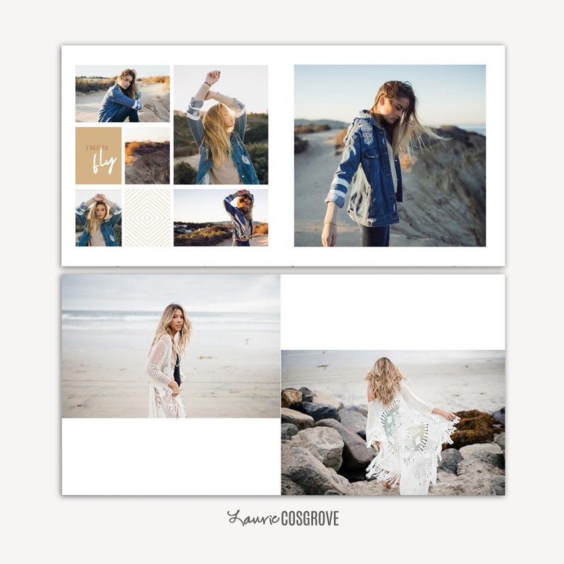 May include: A layout featuring a collection of photographs. The images showcase a woman in various denim jackets and white lace cover-ups, set against beach and outdoor backgrounds. The text "free to fly" is also visible.