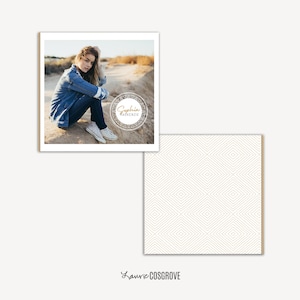 May include: A framed photograph featuring a person in a denim jacket and jeans, sitting outdoors. The photo includes a circular logo with the text "Sophia Mackenzie." A patterned design is visible in the lower right corner.