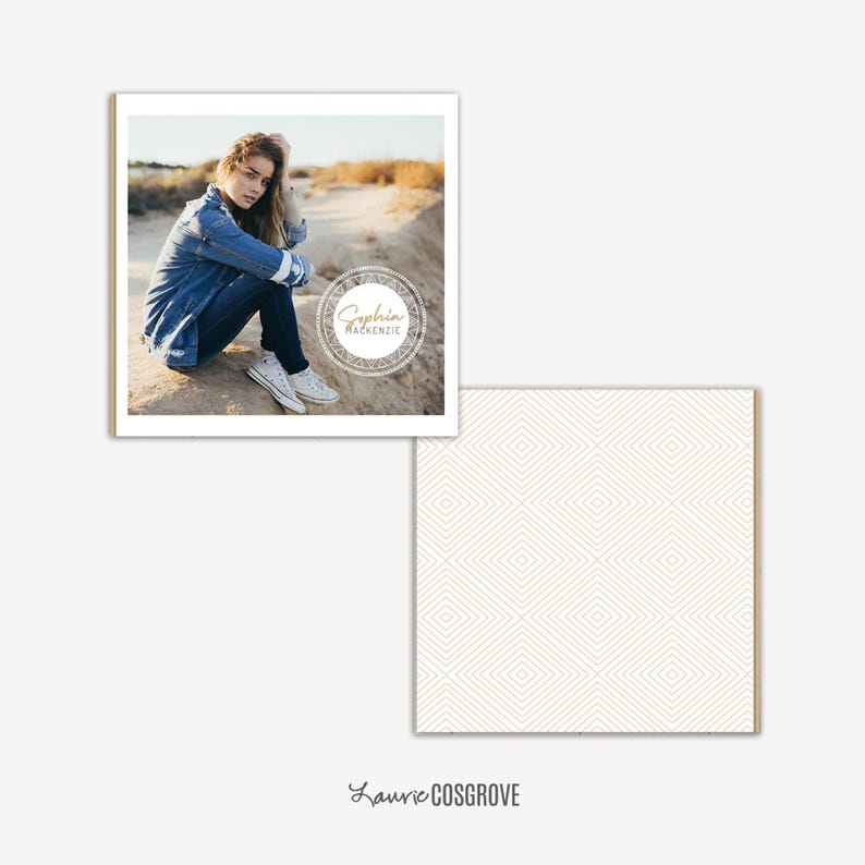 May include: A framed photograph featuring a person in a denim jacket and jeans, sitting outdoors. The photo includes a circular logo with the text "Sophia Mackenzie." A patterned design is visible in the lower right corner.