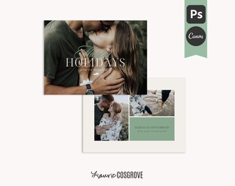 Puede incluir: Diseño de tarjeta navideña con una imagen de una pareja besándose, con el texto "Happy Holidays". Una segunda tarjeta muestra un collage de fotos con el texto "Making Seasons Bright". El diseño incluye una pancarta verde con el texto "Ps" y "Canva".
