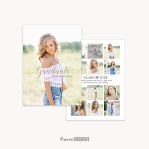 May include: Graduation announcement with a collage of photos of a young woman in a white top and blue jeans. The text reads "Graduate Olivia Marie Bauer Class of 2023" and includes the date and time of the open house.