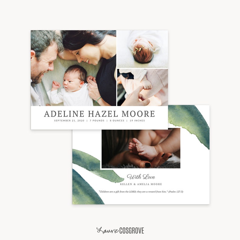 May include: A watercolor-style birth announcement card with a collage of photos of a newborn baby girl, her parents, and her tiny feet. The card includes the baby's name, birthdate, weight, and length. The text "With Love" and the parents' names are also included. The card is decorated with a watercolor-style green and blue design.