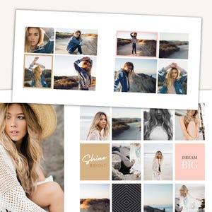 May include: A layout of photos featuring a woman in a denim jacket and a straw hat. The photos are arranged on a white background. Some photos are in a gold frame. The words "Shine Bright" and "Dream Big" are also displayed.