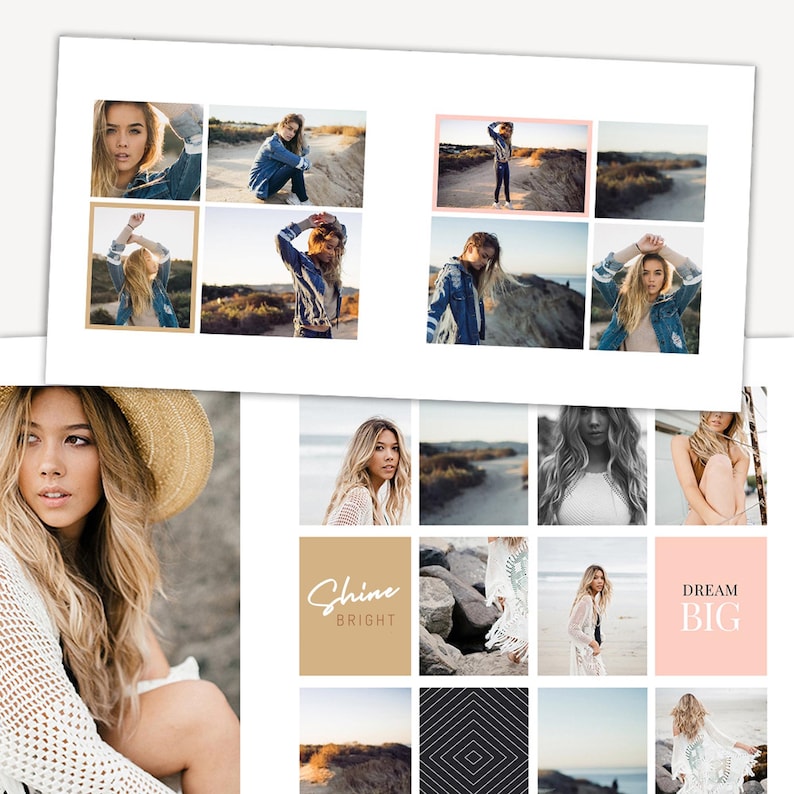 May include: A layout of photos featuring a woman in a denim jacket and a straw hat. The photos are arranged on a white background. Some photos are in a gold frame. The words "Shine Bright" and "Dream Big" are also displayed.