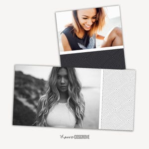 May include: Two photographs, one in color and one in black and white, featuring women. The color photo shows a woman smiling, while the black and white photo shows a woman with long hair. A geometric pattern is present.