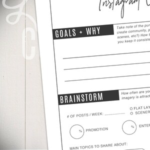 May include: A printable worksheet for planning an Instagram strategy. The worksheet includes sections for goals, why, brainstorm, number of posts per week, promotion, and main topics to share about.
