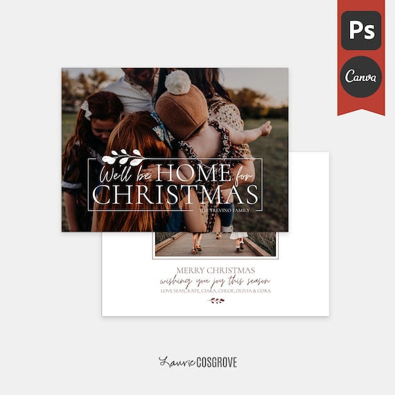 Christmas Card Template - 2025 Holiday Card Template - Home For Christmas - Canva Christmas Card, Canva Template, Photoshop Template