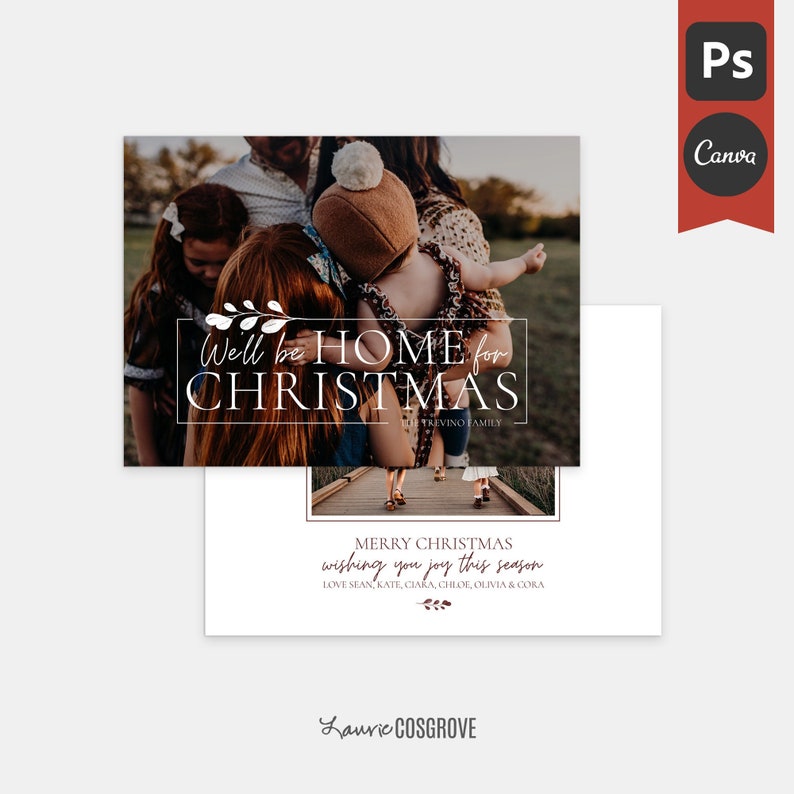 Puede incluir: Una tarjeta de Navidad con una foto de una familia de pie en una pasarela de madera. El texto de la tarjeta dice "Well be HOME for CHRISTMAS The Trevino Family" y "Merry Christmas wishing you joy this season Love Sean, Kate, Ciara, Chloe, Olivia & Cora".
