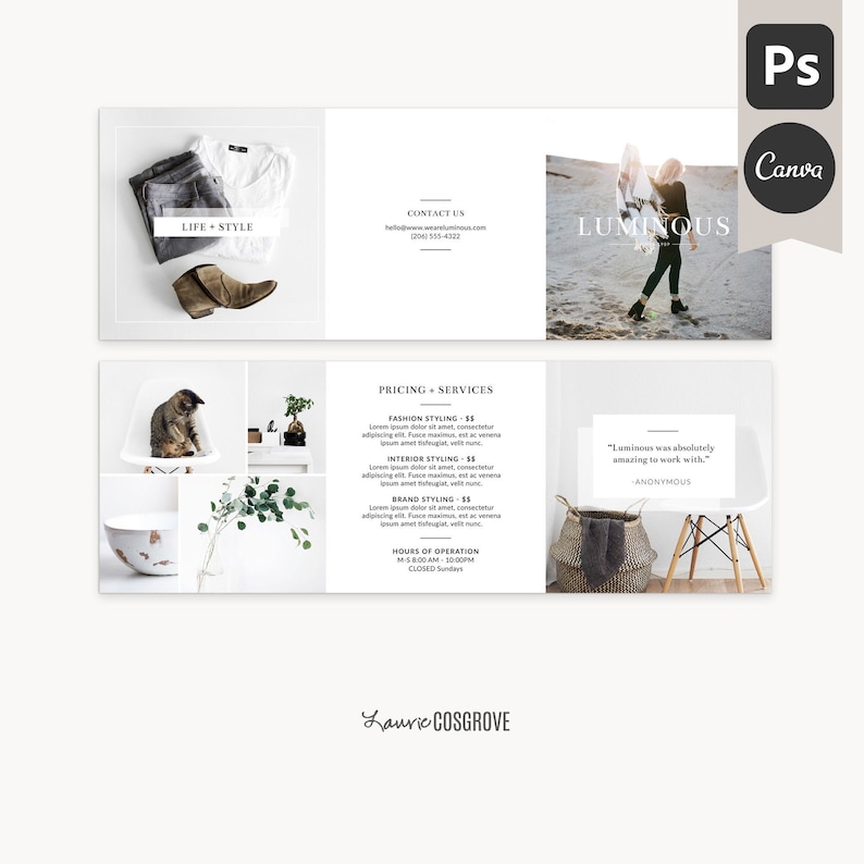 Plantilla de folleto tríptico de fotografía: luminosa: plantilla de folleto de marketing empresarial de 5 x 5, plantilla de Photoshop, plantilla de Canva imagen 1