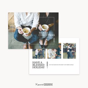 May include: A Christmas card with a photo of a couple holding coffee mugs. The text on the card reads "Merry Christmas" and "Have a Blessed Holiday".