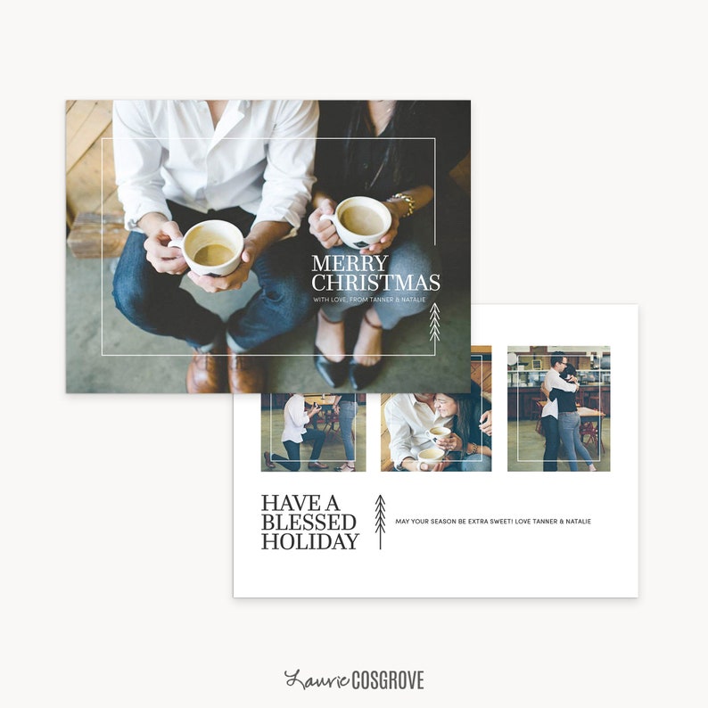 May include: A Christmas card with a photo of a couple holding coffee mugs. The text on the card reads "Merry Christmas" and "Have a Blessed Holiday".