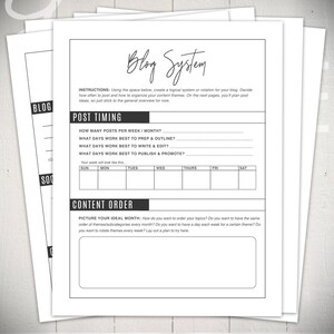 May include: Black and white printable planner page with the title "Blog System". The page includes sections for "Post Timing" and "Content Order". The "Post Timing" section has questions about how many blog posts to create per week or month, what days to work on different aspects of the blog, and a calendar grid to plan out the week. The "Content Order" section has a large blank space for planning out the order of blog topics.