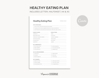 Healthy Eating Planner, Food Tracker, Diet Plan Template (Canva Editable PDF Download)