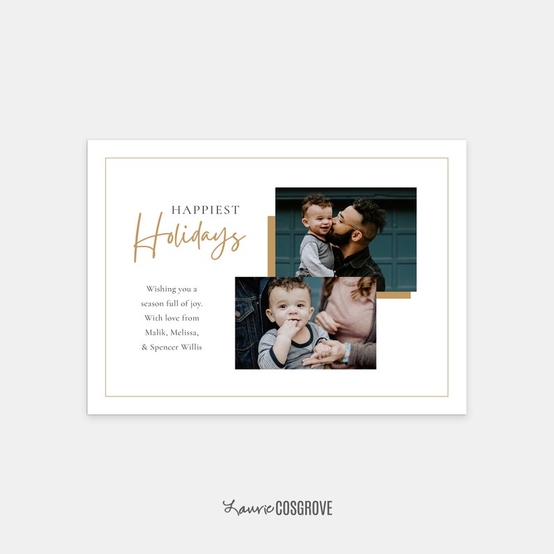 Op de afbeelding: Een kerstkaart met een gouden rand en de tekst "HAPPIEST Holidays Wishing you a season full of joy. With love from Malik, Melissa, & Spencer Willis" en twee foto's van een gezin.