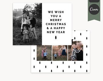 Puede incluir: Una foto en blanco y negro de una familia de cinco personas de pie en un campo. El texto "WE WISH YOU A MERRY CHRISTMAS & A HAPPY NEW YEAR" está sobre un fondo blanco con un pequeño icono de árbol negro. La parte inferior de la tarjeta tiene un patrón de pequeños árboles negros sobre un fondo blanco con tres fotos más pequeñas de la familia.