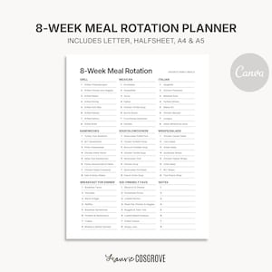 May include: A white 8-Week Meal Rotation Planner with a list of meal ideas. The planner includes sections for Grill, Mexican, Italian, Sandwiches, Soup/Slow Cooker, Wraps/Salads, Breakfast for Dinner, Kid-Friendly Faves, and Notes. The text "8-WEEK MEAL ROTATION PLANNER" is at the top.
