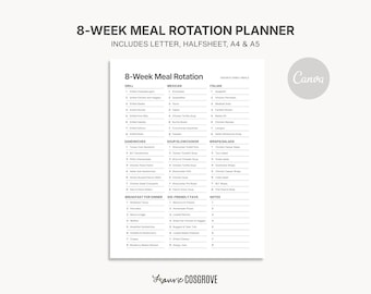 Meal Planner Printable, 8-Week Rotating Menu, Editable Canva Template (Letter, A4, A5, Halfsheet)