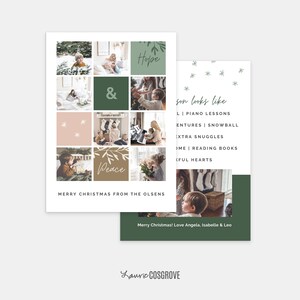 May include: A Christmas card with a collage of photos of a family. The card has a green and brown color scheme with the words "Hope", "&", and "Peace" written on it. The text on the card reads "Merry Christmas from the Olsens" and "Merry Christmas! Love Angela, Isabelle & Leo".