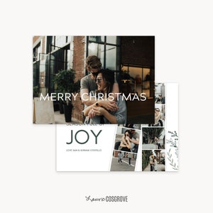 May include: A Christmas card with a photo of a couple hugging in front of a brick building. The text "Merry Christmas" is printed in white on the top of the card. The bottom of the card has a collage of photos of the couple and the text "Season full of Joy" in green. The text "Love Sam & Adriana Costello" is printed in black below the collage.