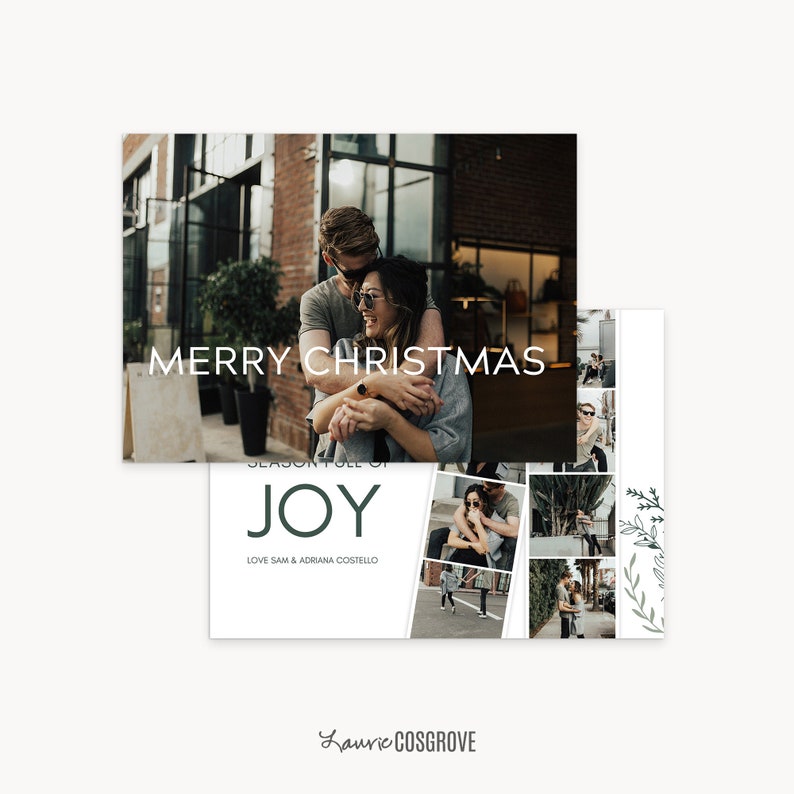 May include: A Christmas card with a photo of a couple hugging in front of a brick building. The text "Merry Christmas" is printed in white on the top of the card. The bottom of the card has a collage of photos of the couple and the text "Season full of Joy" in green. The text "Love Sam & Adriana Costello" is printed in black below the collage.