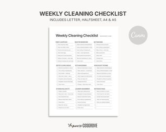 Weekly Cleaning Checklist Printable PDF, Editable Canva Template (Letter, A4, A5, Halfsheet)